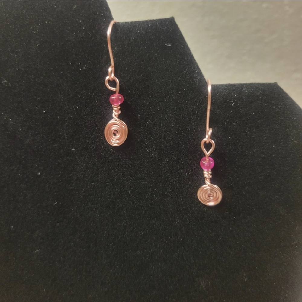 Handcrafted Rose Gold and Small Pink Bead Spiral Earrings